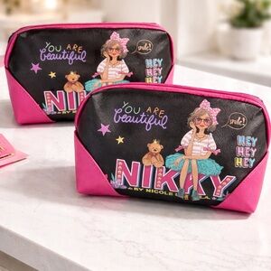 NEW 2-Piece Pink & Black Cosmetic Bag Set, CuteGift Idea.Travel Makeup Organizer